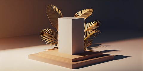 Empty podium, natural palm leaf shadow. Background for the presentation of natural products. Generative AI