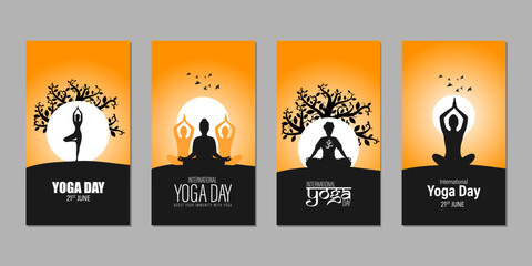 Vector illustration of Happy International Day of Yoga social media story feed set mockup template