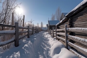 illustration, the passage between the fences in the village in winter, ai generative