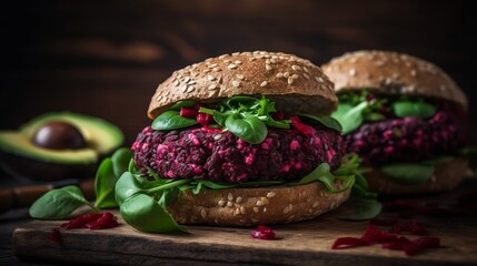 On a wooden table, there are delicious, appetizing, and healthy vegan black burgers made with beetroot and quinoa, accompanied by avocado sauce. healthy food. Generative AI