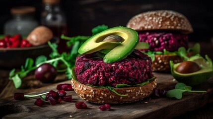 On a wooden table, there are delicious, appetizing, and healthy vegan black burgers made with beetroot and quinoa, accompanied by avocado sauce. healthy food. Generative AI