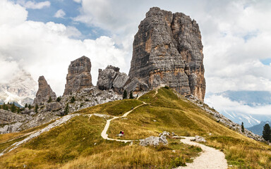 Cinque Torri rock formation with the path in the foreground. Mountain trail leading to the 5 Torri...
