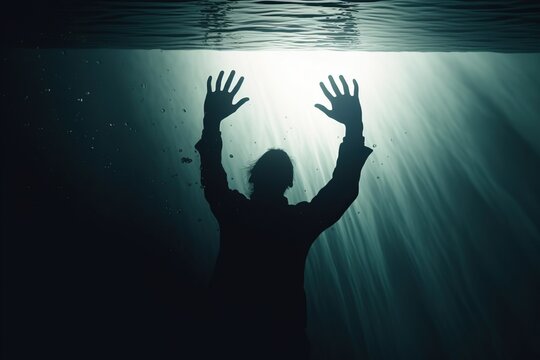 A drowning person reaching above the surface set inside water, created with Generative AI technology
