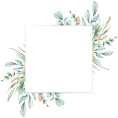 Watercolor illustration greeting card with eucalyptus leaves, square frame. Isolated on white background. Hand drawn clipart. Perfect for card, postcard, tags, invitation, printing, wrapping.