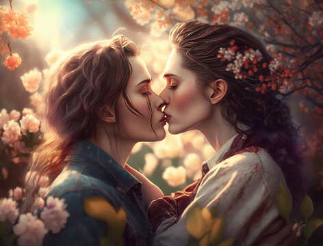 Lesbian Couple Kissing Among Flowers. Generative AI