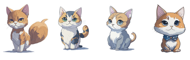 Cartoon cat set with different poses and emotions. Cat behavior, body language and face expressions. Ginger kitty in simple cute style, isolated vector illustration.