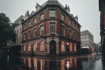 Fototapeta na wymiar A vintage colonial building in rainy London. Generative AI