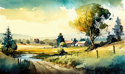 Countryside with a farmhouse and trees during the summer. Watercolor illustration. Generative AI