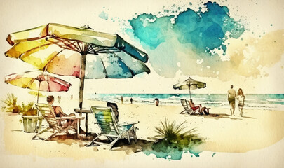 People on the beach relaxing and sunbathing. Watercolor illustration. Generative AI