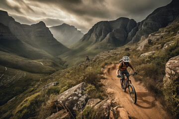 Fototapeta premium High-speed mountain biking , featuring a daring rider navigating a rugged, rocky trail, with a breathtaking mountain vista as the backdrop. Generative AI