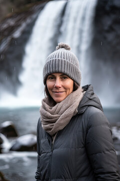 Woman traveler in brown hat and gray jacket by mountain waterfall. Travel, freedom, lifestyle concept. Generative AI