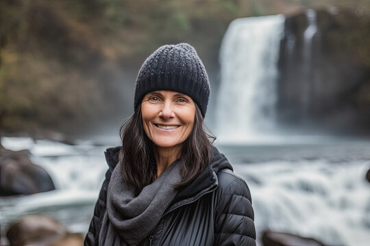 Woman traveler in brown hat and gray jacket by mountain waterfall. Travel, freedom, lifestyle concept. Generative AI