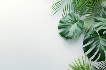 Naklejka na ściany i meble Top view of isolated monstera leaves on large light pastel background. Flat lay composition with space for copy.