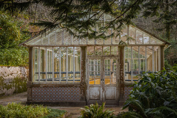 Fototapeta na wymiar An old greenhouse, hot house, in the Pena natural park, Sintra, fairy tale green forest jungle