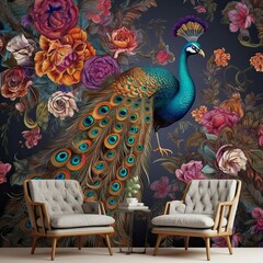 Interior  design wallpaper, flowers and birds, Generative Ai