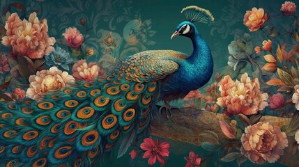 Exotic oriental pattern with peacocks and flowers in bright color background, Generative AI
