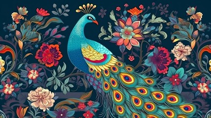 Exotic oriental pattern with peacocks and flowers in bright color background, Generative AI