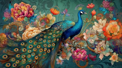 Exotic oriental pattern with peacocks and flowers in bright color background, Generative AI