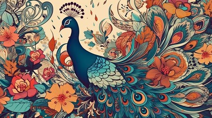Fototapeta premium Exotic oriental pattern with peacocks and flowers in bright color background, Generative AI