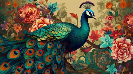 Fototapeta premium Exotic oriental pattern with peacocks and flowers in bright color background, Generative AI