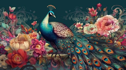 Fototapeta premium Exotic oriental pattern with peacocks and flowers in bright color background, Generative AI