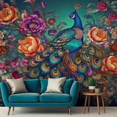 Interior  design wallpaper, flowers and birds, Generative Ai