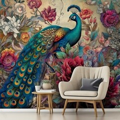 Interior  design wallpaper, flowers and birds, Generative Ai