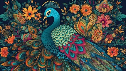 Exotic oriental pattern with peacocks and flowers in bright color background, Generative AI
