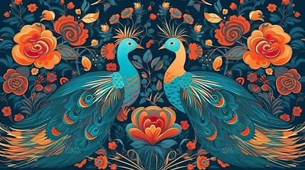 Obraz premium Exotic oriental pattern with peacocks and flowers in bright color background, Generative AI