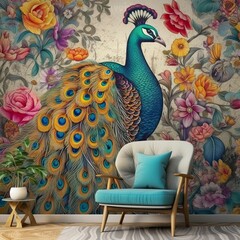 Interior  design wallpaper, flowers and birds, Generative Ai
