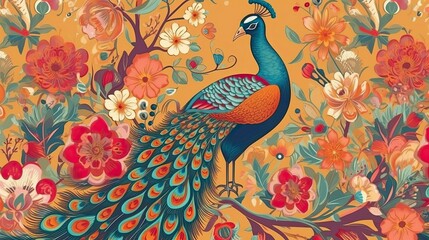 Exotic oriental pattern with peacocks and flowers in bright color background, Generative AI