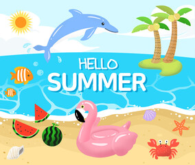 Hello summer Illustration with summer icons and landscape, 여름 아이콘과 풍경이 있는 일러스트