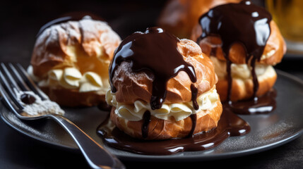 Profiteroles: A French dessert made with choux pastry puffs filled with whipped cream or pastry cream and topped with chocolate sauce. Generative AI Art Illustration