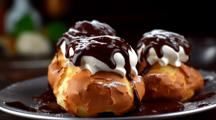 Profiteroles: A French dessert made with choux pastry puffs filled with whipped cream or pastry cream and topped with chocolate sauce. Generative AI Art Illustration