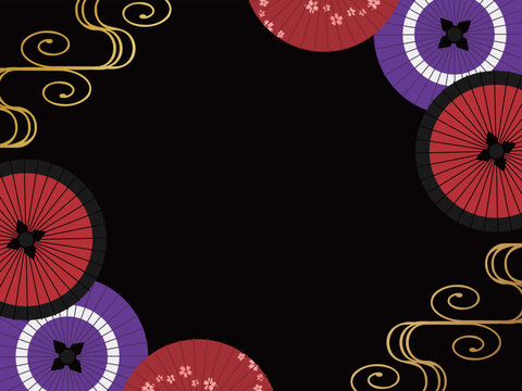 和傘と観世水の背景　横位置　ブラック＆ゴールド