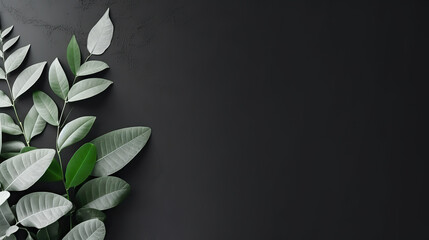 Tree leaves on the side of large dark grey background, Beautiful leaves composition with large white space for text or copy, clean and minimal top view wallpaper.