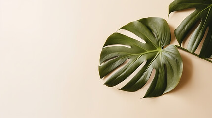 Fototapeta na wymiar Top view of isolated monstera leaves on large light pastel background. Flat lay composition with space for copy.