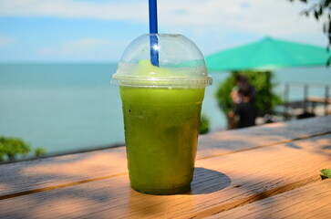 Drink refreshing juices on a new day with sea views. Fruit juices make you healthy and strong. Get vitamins from fruit juices that you can make yourself.