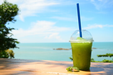Drink refreshing juices on a new day with sea views. Fruit juices make you healthy and strong. Get vitamins from fruit juices that you can make yourself.