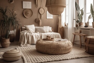 Minimal, monochromatic spaces with boxy, bohemian style furniture and layers of textured blankets. The love of minimalism, textures and cozy spaces is prevalent among Gen Z. Generative AI