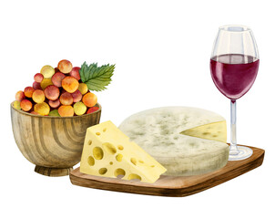 Watercolor Swiss cheese, camembert, white mould cheese with grapes in wooden bowl and glass of red wine illustration isolated on white background. Hand drawn appatizer clipart