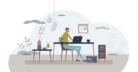 Home office organization and work from home time management tiny person concept, transparent background.Effective business tasks in cozy, loft style apartment illustration.