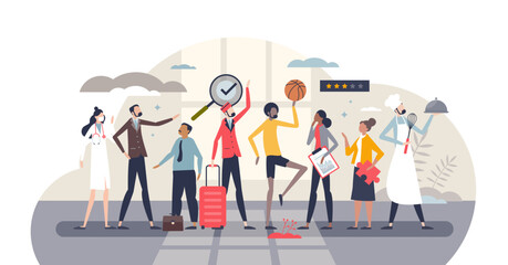 Job market with various professional skills for career tiny person concept, transparent background.Human resources occupation database for hiring company illustration.