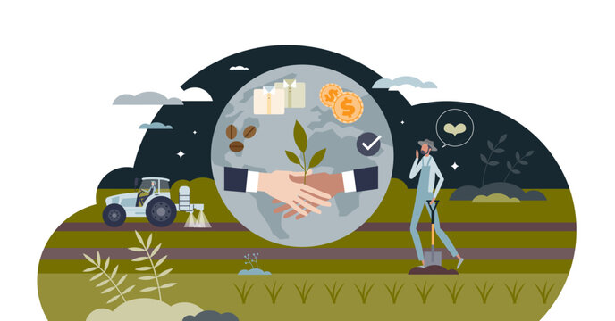 Fair trade and ethical supply chains for product sources tiny person concept, transparent background. Honest payment for farmers with environmental standards.