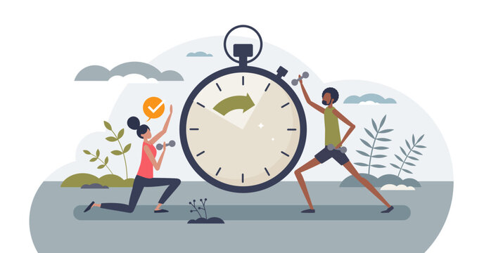 HIIT or high intensity interval training for strength tiny person concept, transparent background. Exercise and workout for healthy muscles and athletic body illustration.