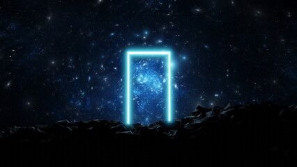 Cosmic glowing portal doorway among stones in space. Stars, planets, nebulae and galaxies on the background of a portal in space. 3d render