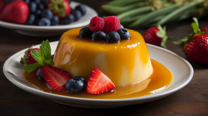 Coconut flan: A dessert made with a creamy coconut custard and caramelized sugar, often served with whipped cream and fresh fruit. Generative AI Art Illustration