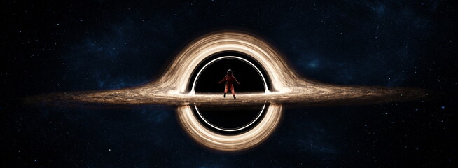 Astronaut looks at black hole in space devouring space and black matter. Interstellar space, hot ionized gas around a black hole. Distortion of space and time. 3d render