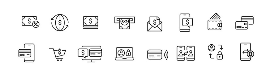
Cash and card payments. Secure transactions, shopping and personal account. Pixel perfect, editable stroke line icons set