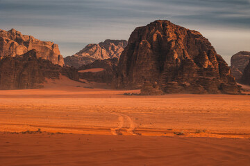 Wadi Rum desert in Jordan and beautiful dunes captured on a warm spring day.